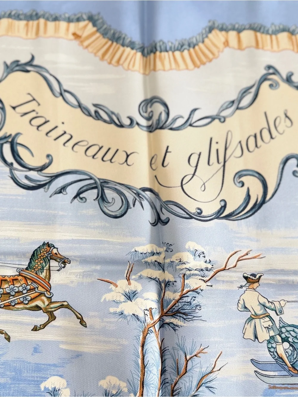 Hermes Blue, Cream and Orange Silk Scarf — Winter Sleigh Tableau